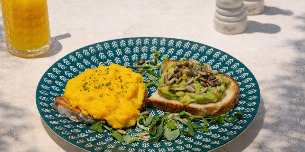 Outdoor breakfast with toast and juice