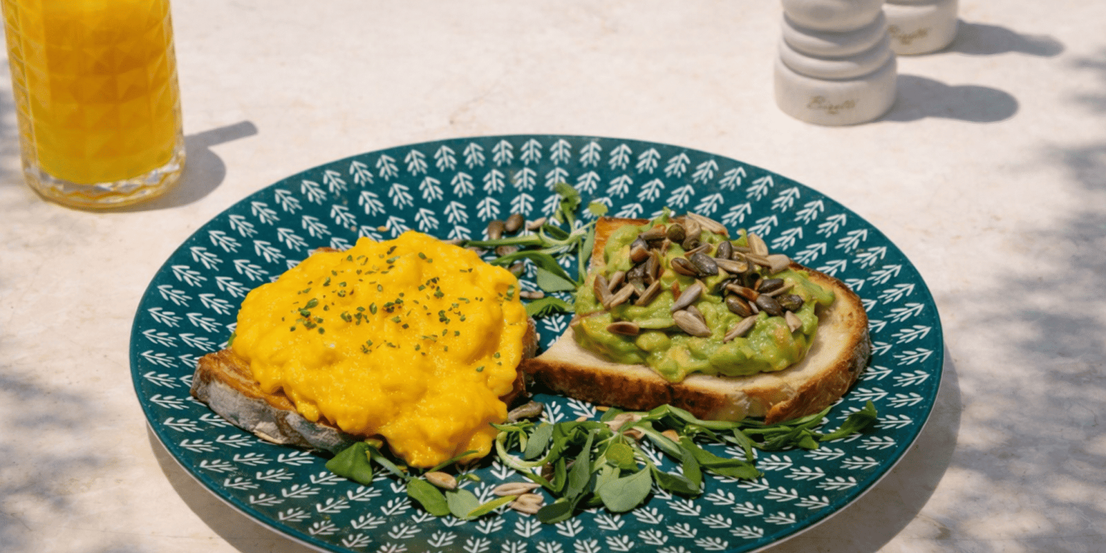 Outdoor breakfast with toast and juice