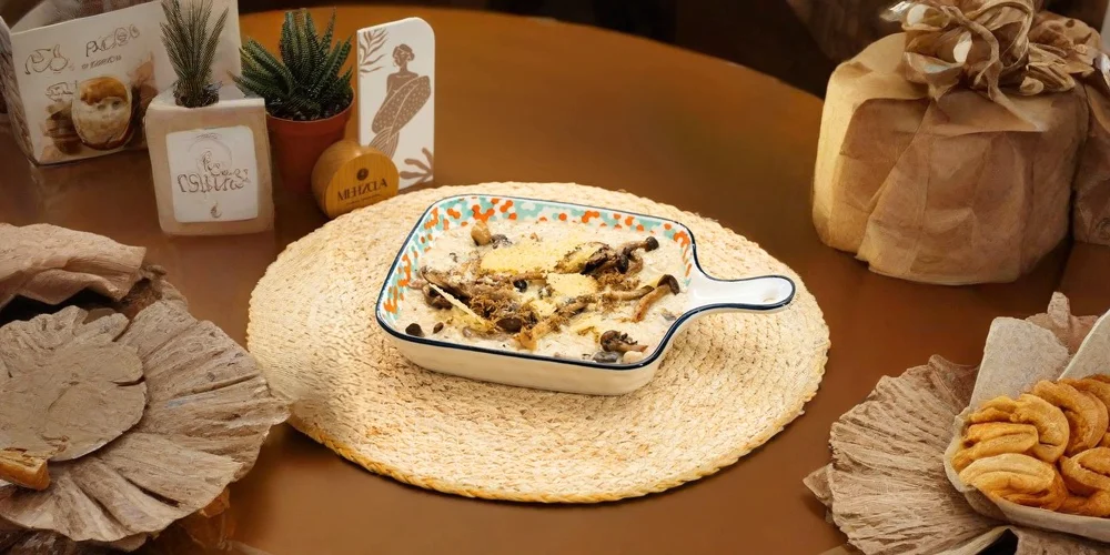 Creamy mushroom dish served in a ceramic pan with herbs and cheese, placed on a woven mat with a clean extended background for a balanced presentation