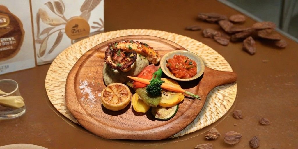 Grilled octopus served on a wooden platter with roasted vegetables, lemon, and red sauce at a fine dining restaurant.